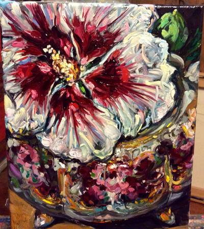 Melissa Sarat paintings, irises, gardens, flowers, floral paintings, nature, perennials, summer, garden, rose of sharon, hibiscus